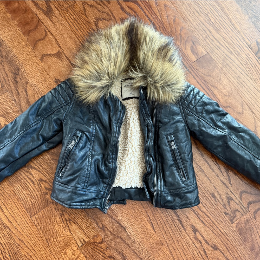 Abercrombie Kids Black Leather Jacket with Faux Fur Trim
